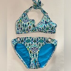 Tommy Bahama Boho Halter Bikini Set Blue Green Print Ring Detail Resort Swim